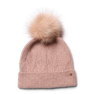 Dusky Pink Luxury Pom pom hat Failsworth, available at Isabella Josie, West sussex hat shop