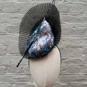 metallic blue, silver and black teardrop percher hat by isabella josie front view